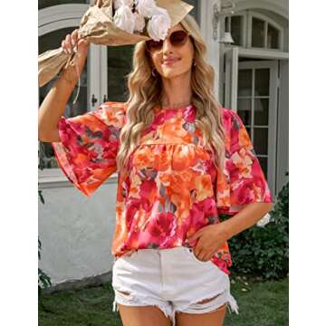 luvamia Bell Sleeve Blouses for Women Casual Floral Boho Babydoll Blouses for Women Business Casual ...