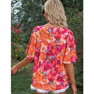 luvamia Bell Sleeve Blouses for Women Casual Floral Boho Babydoll Blouses for Women Business Casual Work Shirts for Women Boho Outfits for Women Orange Pink Floral Size Large Fits Size 12 Size 14