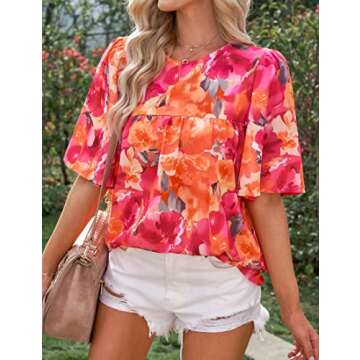 luvamia Bell Sleeve Blouses for Women Casual Floral Boho Babydoll Blouses for Women Business Casual Work Shirts for Women Boho Outfits for Women Orange Pink Floral Size Large Fits Size 12 Size 14