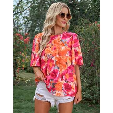 luvamia Bell Sleeve Blouses for Women Casual Floral Boho Babydoll Blouses for Women Business Casual Work Shirts for Women Boho Outfits for Women Orange Pink Floral Size Large Fits Size 12 Size 14