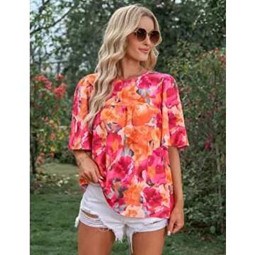 luvamia Bell Sleeve Blouses for Women Casual Floral Boho Babydoll Blouses for Women Business Casual Work Shirts for Women Boho Outfits for Women Orange Pink Floral Size Large Fits Size 12 Size 14
