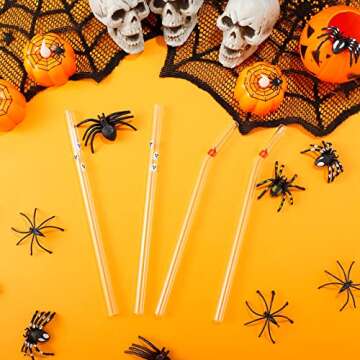 Yoande 10 Pcs Halloween Themed Glass Drinking Straws Pattern Decorative Drinking Straws with Cleaning Brush for Party Supplies (Pumpkin, Ghost)