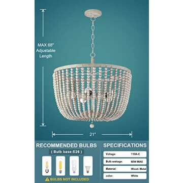 Doraimi Lighting 5 Light 21 Inch Pendant Light Nature Wood Beaded Chandelier White Finish,Boho Semi Flush Mount Ceiling Light Fixtures for Hallway Baby's Nursery Bedroom Kitchen Living Room