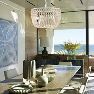 Doraimi Lighting 5 Light 21 Inch Pendant Light Nature Wood Beaded Chandelier White Finish,Boho Semi Flush Mount Ceiling Light Fixtures for Hallway Baby's Nursery Bedroom Kitchen Living Room