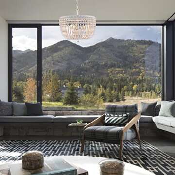 Doraimi Lighting 5 Light 21 Inch Pendant Light Nature Wood Beaded Chandelier White Finish,Boho Semi Flush Mount Ceiling Light Fixtures for Hallway Baby's Nursery Bedroom Kitchen Living Room