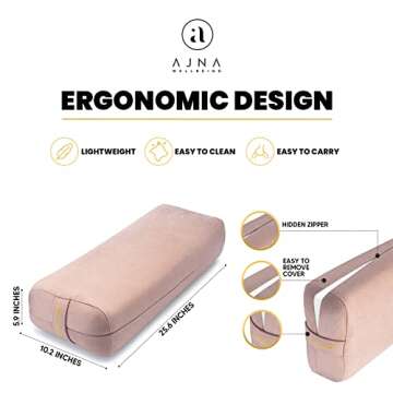 AJNA Yoga Bolster Pillow - Luxurious 100% Organic Vegan Suede - Yoga Bolster for Restorative Yoga - Rectangular Yoga Pillow with Carry Handle - Machine Washable Cover