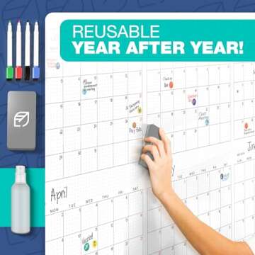 Large Dry Erase Wall Calendar - 25" x 44" - Premium Yearly Whiteboard Planner for Office, Home, and School - Laminated, Erasable, and Reusable