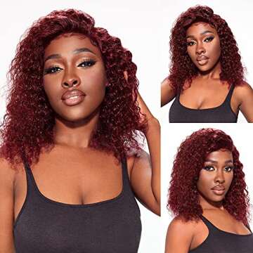 99J Lace Front Bob Wig Curly Wigs for Black Women Wet and Wavy Brazilian Remy Hair Unprocessed Human Hair Wigs Pre Plucked With Baby Hair Lace Frontal Wigs With Natural Hairline Wine Red 14 Inch