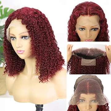 99J Lace Front Bob Wig Curly Wigs for Black Women Wet and Wavy Brazilian Remy Hair Unprocessed Human Hair Wigs Pre Plucked With Baby Hair Lace Frontal Wigs With Natural Hairline Wine Red 14 Inch