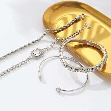 17IF 4 Pcs Dainty Silver Bracelets Set for Women 14K Plated Link Cubic Zirconia Paperclip Stack Layering Chain Adjustable Trendy Hand Jewelry (Silver)