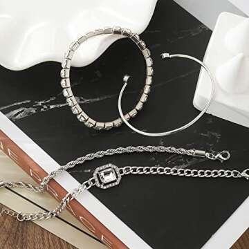 17IF 4 Pcs Dainty Silver Bracelets Set for Women 14K Plated Link Cubic Zirconia Paperclip Stack Layering Chain Adjustable Trendy Hand Jewelry (Silver)