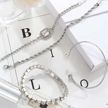 17IF 4 Pcs Dainty Silver Bracelets Set for Women 14K Plated Link Cubic Zirconia Paperclip Stack Layering Chain Adjustable Trendy Hand Jewelry (Silver)