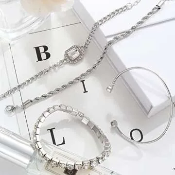 17IF 4 Pcs Dainty Silver Bracelets Set for Women 14K Plated Link Cubic Zirconia Paperclip Stack Layering Chain Adjustable Trendy Hand Jewelry (Silver)