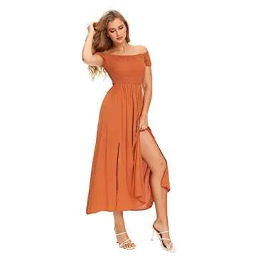 Floerns Women's Boho Floral Print Off Shoulder Split Long A Line Dress Burnt Orange L