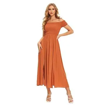 Floerns Women's Boho Floral Print Off Shoulder Split Long A Line Dress Burnt Orange L