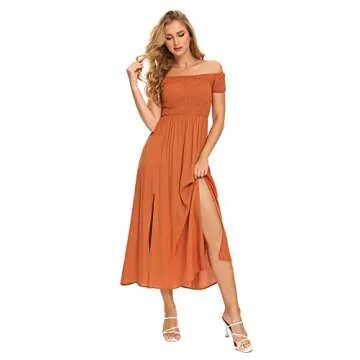 Floerns Women's Boho Floral Print Off Shoulder Split Long A Line Dress Burnt Orange L