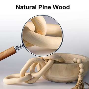 Wood Chain Link Decor for Coffee Table | Decorative Wood Chain Link and Bead Garland Set | Wood Knot for Aesthetic Room Decor | Hand Carved Wooden Chain Links for Boho Decor SierTing（Natural 21.6inch）