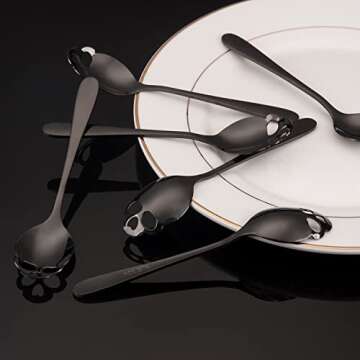 FOXAS 6-inch Black Skull Spoons, Set of 6 Skull Teaspoons, 304 Stainless Steel Skull Sugar Spoons, Coffee and Tea Stirring Spoon, Cool Dark Stylish Design for Halloween Party, Bon Appétit Series