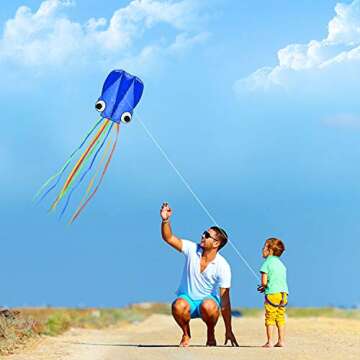 SINGARE Large Octopus Kites, Long Tail Beautiful Easy Flyer Kites Beach Kites, Good Kites for Kids and Adults Easy to Fly(Red+Blue)