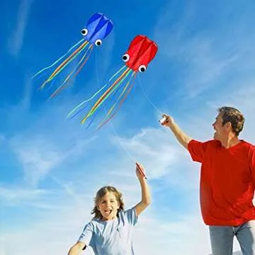SINGARE Large Octopus Kites, Long Tail Beautiful Easy Flyer Kites Beach Kites, Good Kites for Kids and Adults Easy to Fly(Red+Blue)