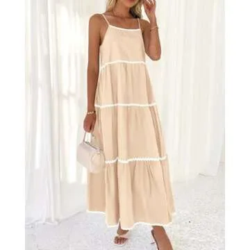 BTFBM Boho Summer Dresses 2025 Spaghetti Strap Backless Sundress RIC Rac Trim Tiered A-Line Long Casual Vacation Dress(Solid Beige, Small)