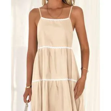 BTFBM Boho Summer Dresses 2025 Spaghetti Strap Backless Sundress RIC Rac Trim Tiered A-Line Long Casual Vacation Dress(Solid Beige, Small)