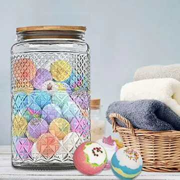 1 Gallon Cookie Jar, Wide Mouth Large Glass Jars with Bamboo Lid, Airtight Storage Food Kitchen Counter Containers for Candy, Flour, Oats, Coffee Bean, Pet Treats, Laundry Pods, Laundry Detergent