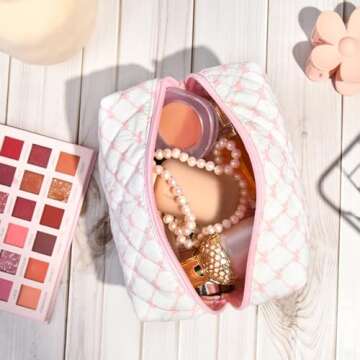SOIDRAM Floral Makeup Bag Small Quilted Cosmetic Bag Cute Makeup Pouch Coquette Makeup Bag Aesthetic...