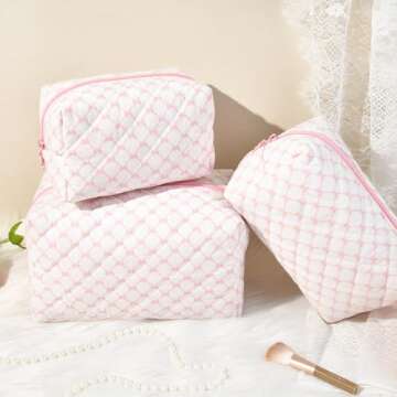 SOIDRAM Floral Makeup Bag Small Quilted Cosmetic Bag Cute Makeup Pouch Coquette Makeup Bag Aesthetic Travel toiletry bag Organizer Cotton Makeup Brushes Storage Bag for Women (Bow & Chain -S)