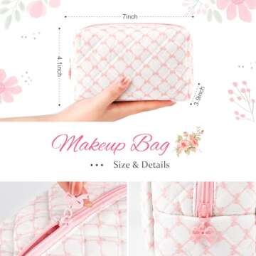 SOIDRAM Floral Makeup Bag Small Quilted Cosmetic Bag Cute Makeup Pouch Coquette Makeup Bag Aesthetic Travel toiletry bag Organizer Cotton Makeup Brushes Storage Bag for Women (Bow & Chain -S)