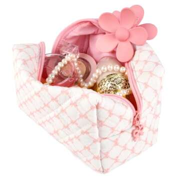 SOIDRAM Floral Makeup Bag Small Quilted Cosmetic Bag Cute Makeup Pouch Coquette Makeup Bag Aesthetic Travel toiletry bag Organizer Cotton Makeup Brushes Storage Bag for Women (Bow & Chain -S)