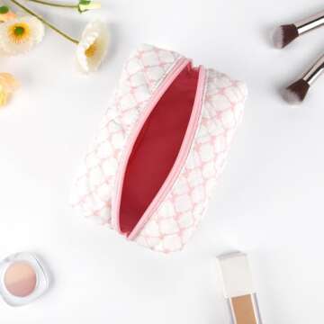 SOIDRAM Floral Makeup Bag Small Quilted Cosmetic Bag Cute Makeup Pouch Coquette Makeup Bag Aesthetic Travel toiletry bag Organizer Cotton Makeup Brushes Storage Bag for Women (Bow & Chain -S)