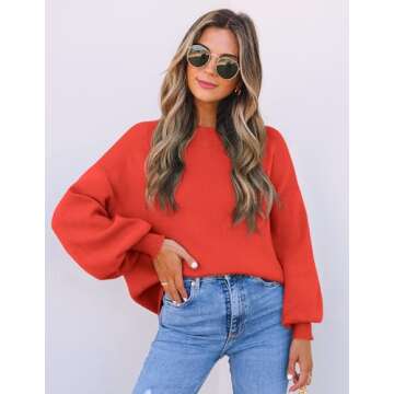 ZESICA Women's Casual Turtleneck Long Lantern Sleeve Oversized Ribbed Knit Pullover Sweater Jumper Top,FireRed,Small