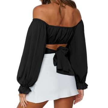 Avanova Women's Ruffle Long Sleeve Off Shoulder Tie Up Back Crop Top Blouse