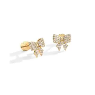 PAVOI 14K Yellow Gold Mini Bow Earrings for Women with Cubic Zirconia - Bow Stud & Coquette Flatback Earrings