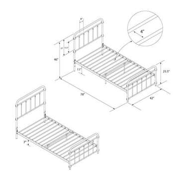 DHP Winston Metal Platform Bed with Rustic Design and Curved Edge Headboard and Footboard, Adjustable Base Height for Underbed Storage, No Box Spring Needed, Twin, Black