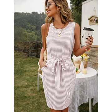 MEROKEETY Womens Summer Sleeveless Striped T Shirt Dress Casual Crew Neck Tie Waist Mini Dresses Pin...