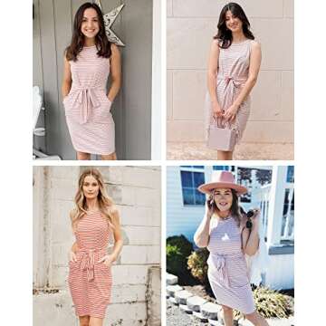 MEROKEETY Womens Summer Sleeveless Striped T Shirt Dress Casual Crew Neck Tie Waist Mini Dresses Pink