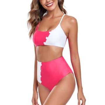 RELLECIGA Women's Watermelon Red+White Adjustable Lace Up Bathing Suit Button Tirm Two Piece Bikini Size Samll
