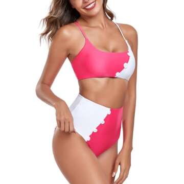 RELLECIGA Women's Watermelon Red+White Adjustable Lace Up Bathing Suit Button Tirm Two Piece Bikini Size Samll