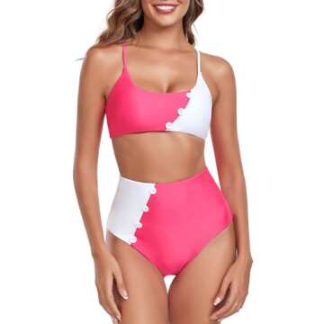 RELLECIGA Women's Watermelon Red+White Adjustable Lace Up Bathing Suit Button Tirm Two Piece Bikini Size Samll