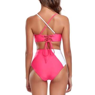 RELLECIGA Women's Watermelon Red+White Adjustable Lace Up Bathing Suit Button Tirm Two Piece Bikini Size Samll
