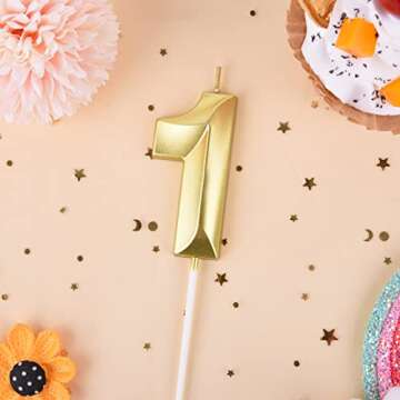 PHD CAKE 2.76 Inch Diamond Gold 1 Number Birthday Candles, Gold Number Candles, Cake Number Candles,...