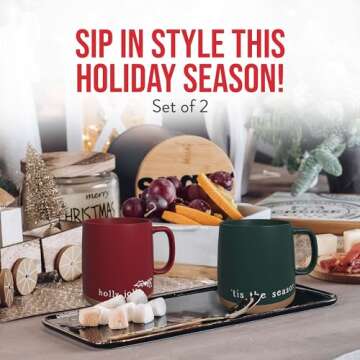 American Atelier 15 Oz Christmas Mug Set - Festive Stoneware Mugs with Cork Bottoms