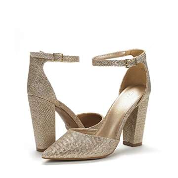 DREAM PAIRS Women's Coco High Heels Chunky Block Pumps Pointed Closed Toe Ankle Strap Dress Shoes,Size 8,Gold/Glitter,Coco