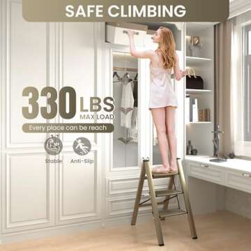 GameGem 3 Step Ladder, Aluminum Folding Step Stool with Anti-Slip Sturdy and Wide Pedal, Lightweight...