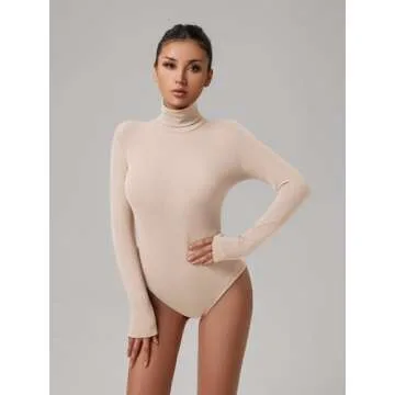 REORIA Women's Long Sleeve Ribbed Turtleneck Leotard Stretchy Bodysuit Basic Tops Jumpsuits Nude 2X-...