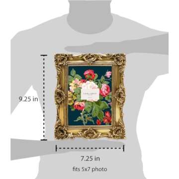 Laura Ashley 5x7 Gold Ornate Textured Hand-Crafted Resin Picture Frame with Easel & Hook for Tabletop & Wall Display, Decorative Floral Design Home Décor, Photo Gallery, Art, More (5x7, Gold)