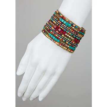 SPUNKYsoul Bohemian Multi-Colored Beaded Cuff Bracelets for Women Collection (Teal/Red/Cube)