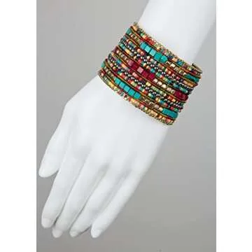 SPUNKYsoul Bohemian Multi-Colored Beaded Cuff Bracelets for Women Collection (Teal/Red/Cube)